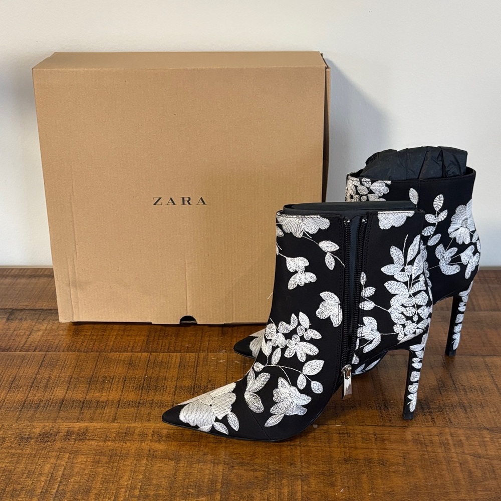Zara Black and White Floral Heeled Boots